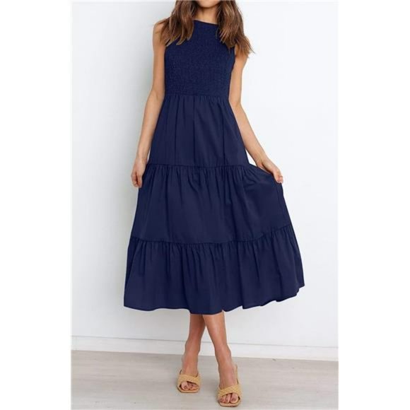 Women's Sleeveless Crew Neck Smocked High Waist Flowy Tiered A Line Midi Dress - Picture 5 of 6